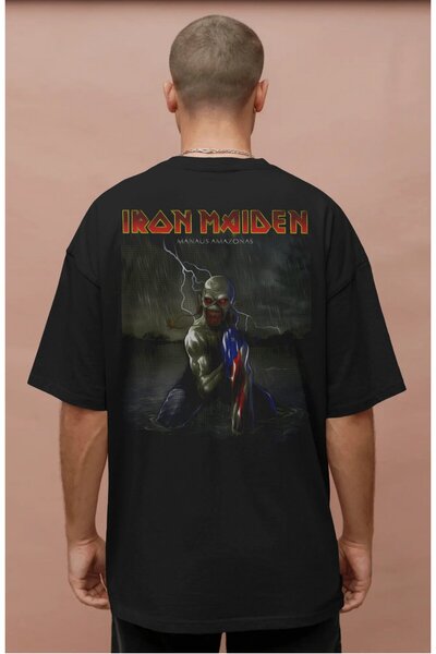 Fuddy Moda Oversize Manaus Amazonas Back Printed T-Shirt, Unisex Iron Maiden Themed Crew Neck T-Shirt