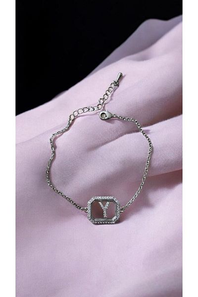 AKSESUARIM Women's Zircon Stone Square Steel Letter Bracelet