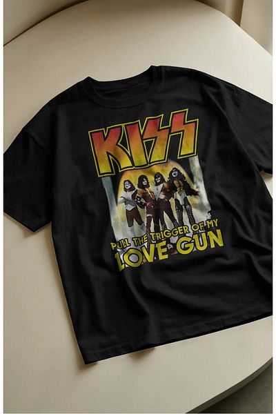 Fuddy Moda Tricou oversize Kiss Love Gun scris, tricou unisex cu tematică Rock Band