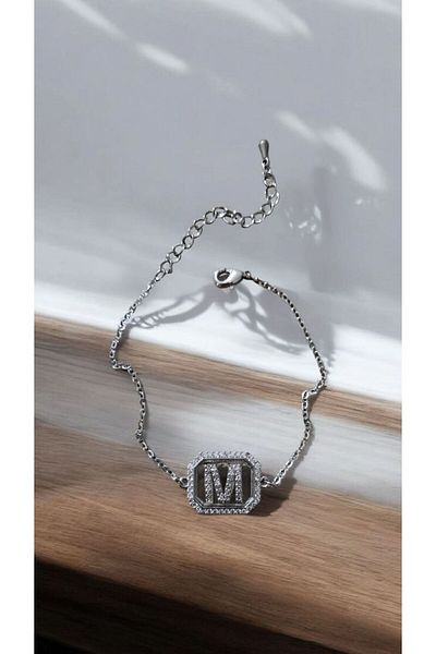AKSESUARIM Women's Zircon Stone Square Steel Letter Bracelet