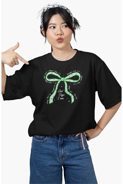 Fuddy Moda Tricou oversize cu imprimeu cu panglică verde, tricou cu decolteu ...