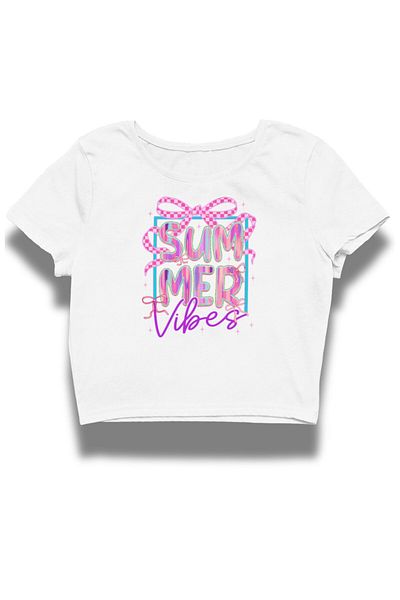 Fuddy Moda Summer Vibes Written Crop Top, Women's Ribbon Printed Crop Blouse