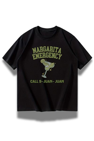 Fuddy Moda Unisex Margarita Emergency Written T-shirt, Oversize καλοκαιρινό μπλουζάκι με θέμα τον λαιμόκοψη