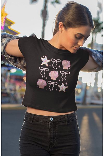 Fuddy Moda Starfish Printed Crop Top, Women's Ribbon Themed Crop Blouse