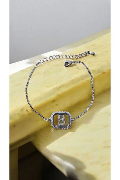 AKSESUARIM Women's Zircon Stone Square Steel Letter Bracelet