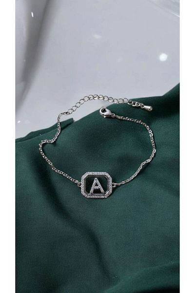 AKSESUARIM Women's Zircon Stone Square Steel Letter Bracelet