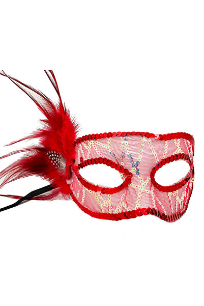 Skygo Red Color Side Feather Sequin Sequin Embroidered Party Mask 23X12 cm