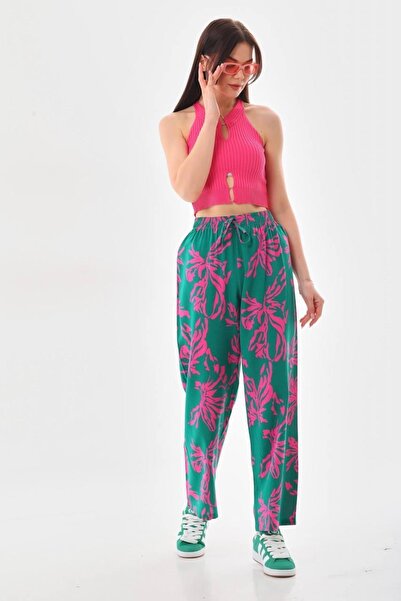 Polologin Butik Leaf Patterned Relaxed Cut Viscose Trousers