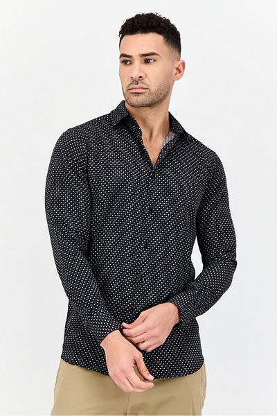 Scotch & Soda Men Modern Fit All Over Print Long Sleeve Dress Shirt, Black