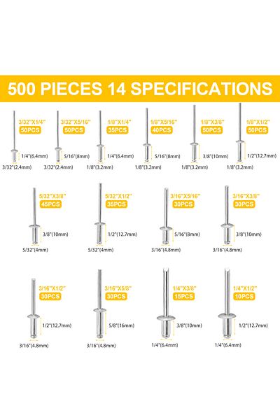 Choice 500Pcs 500 PCS Aluminum Pull Rivets, Round Head and Countersunk Head Types, Blind Rivets for Doors a
