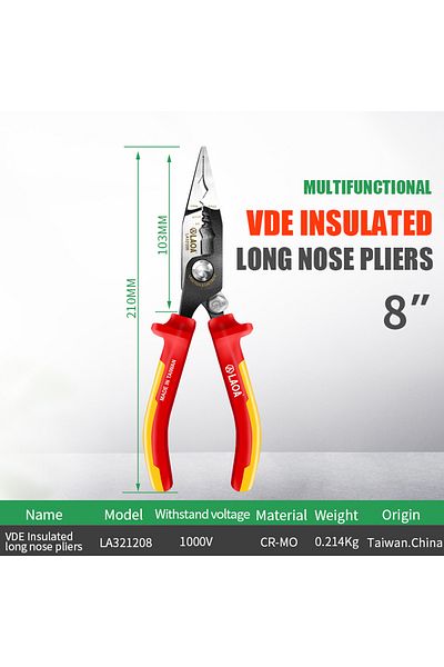 LAOA LA321208 8inch Insulated Pliers Electrician Needle Nose Pliers High Voltage Resistance 1000V Wi