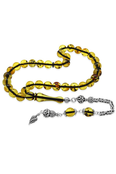 Tesbihane 925 Ayar Gümüş Kral Zincir Püsküllü Küre Kesim Hafif Fosilli Sarı D...