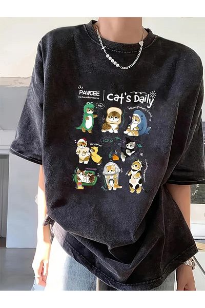Touz Moda Cat's Daily Printed Washable Vintage Unisex Oversize T-Shirt