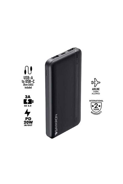 baykron BASIC Power Bank 10000 mAh, USB-C PD 20W and USB-A QC 3.0 - Black