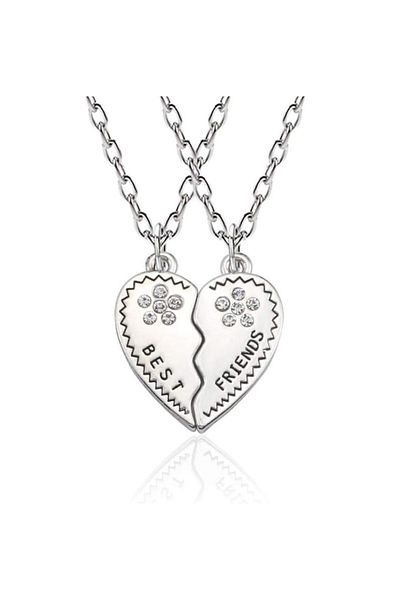 REDz Accessories Friendship Necklace Set, Heart With Crystal Flowers, Silver, 2 Pieces