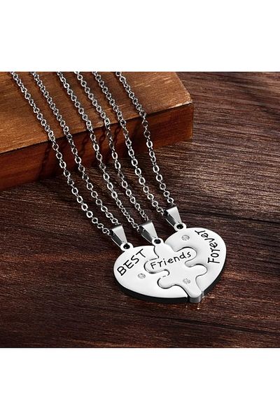 REDz Accessories Best Friends Forever Necklace Set, Three-Piece Heart, 3 Chains, Silver