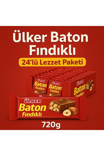 Ülker Baton Hazelnut Chocolate 30g X 24Pcs – Real Hazelnut Milk Bar Flavor 720g Advantage Package