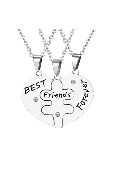 REDz Accessories Best Friends Forever Necklace Set, Three-Piece Heart, 3 Chains, Silver