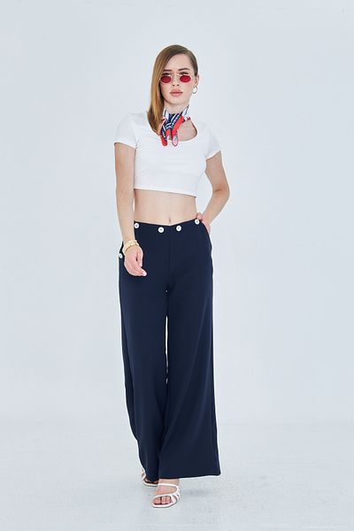 so much Women's Navy Blue High Waist Button Detailed Wide Leg Pants