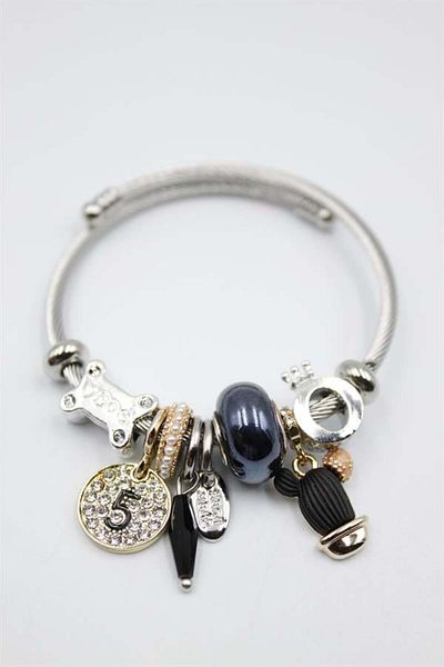 Rasanet Cactus Bracelet with Steel Charm - Black