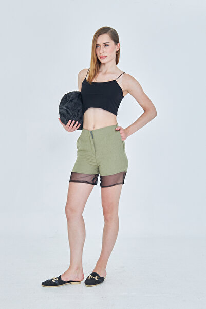 so much Women's Khaki Green Tulle Detailed Shorts