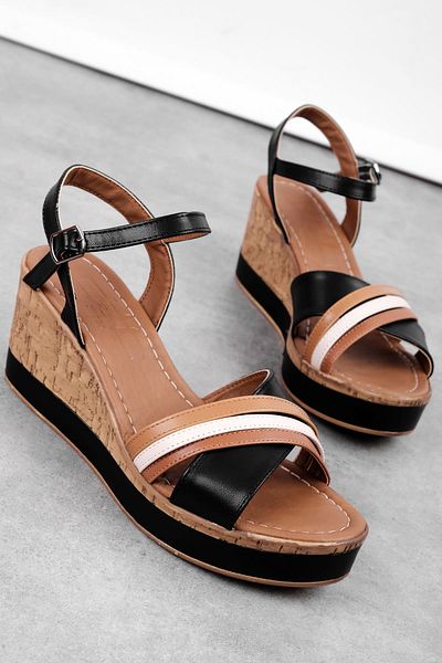 Lal Shoes & Bags Mere Women's Front Open Toe Belt Buckle Detailed Wedge Heeled Slippers-Black