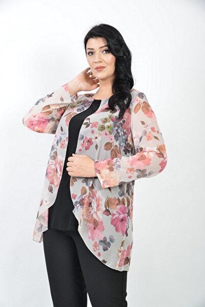 LİLAS XXL 701 Büyük Beden Çiçek Desen Önü Ceket Görünümlü Şifon Bluz