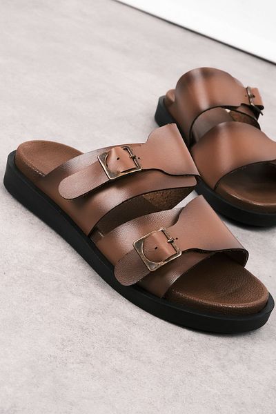 Lal Shoes & Bags Miloze Women's Bodrum Two Belt Buckle Detailed Slippers-Tan