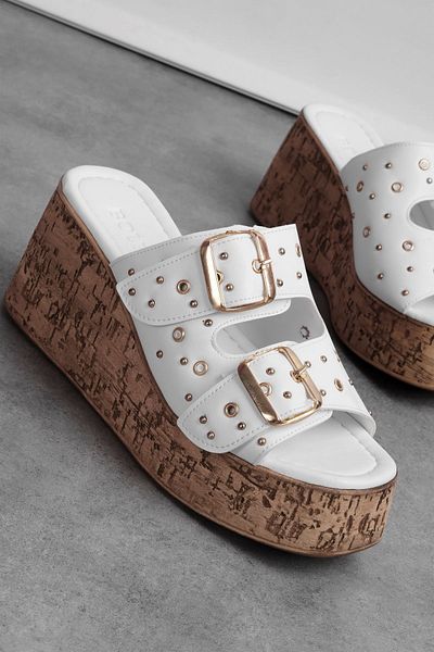 Lal Shoes & Bags Koen Women's Double Belted Buckle Detailed Cork Sole Wedge Heeled Slippers-White