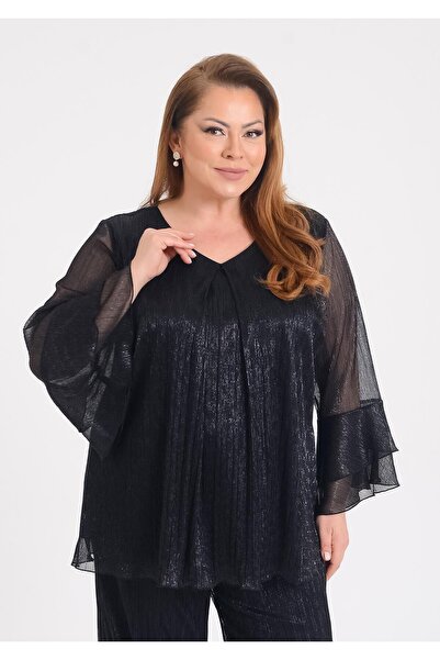 LİLAS XXL 722 Büyük Beden Valon Kol Simli Vyaka Astarlı Bluz