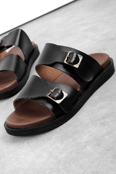 Lal Shoes & Bags Miloze Women's Bodrum Two Belt Buckle Detailed Slippers-Black