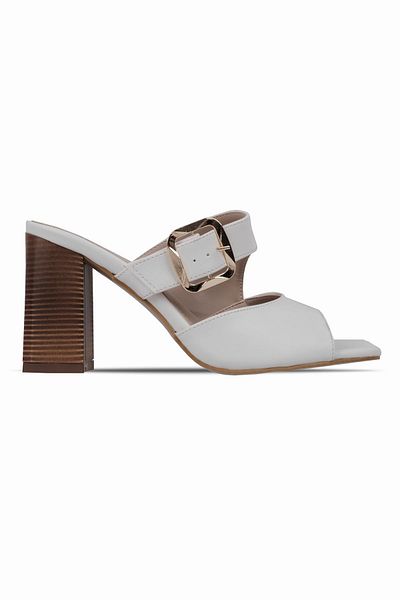 Lal Shoes & Bags Oreta Women's Double Strap Buckle Detailed Heeled Slippers-White