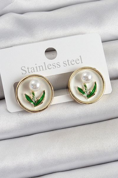 Clariss Brass White Enameled Tulip Figured Artistic Portrait Model Gold Color Women's Earrings
