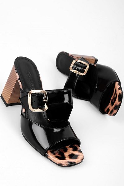 Lal Shoes & Bags Oreta Women's Double Strap Buckle Detailed Heeled Slippers-Leopard