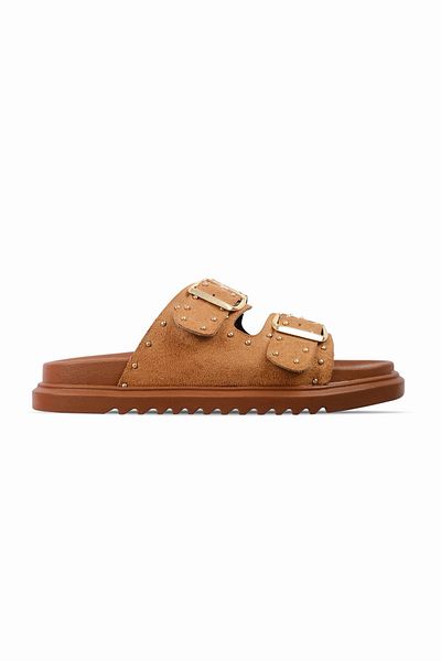Lal Shoes & Bags Larwen Women's Metal Beaded Double Strap Buckle Detailed Slippers-S.Taba