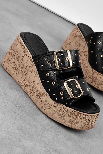 Lal Shoes & Bags Koen Women's Double Belted Buckle Detailed Cork Sole Wedge Heeled Slippers-Black
