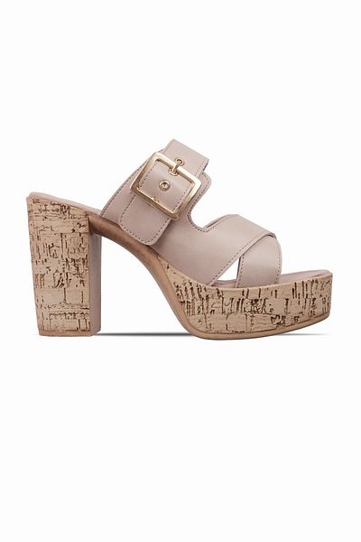 Lal Shoes & Bags Mute Women's Belt Buckle Detailed Cross Strap Heeled Slippers-Cream