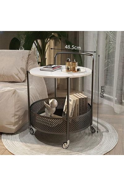 rexa Modern Round Bar Cart with Marble Top & Mesh Storage - Rolling Side Table