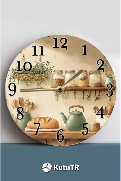 kutuTR 🍞 Nostaljik Raflı Mutfak Temalı MDF Saat | Çift Katmanlı | 33 cm | Country Tarz Dekor Sdw356
