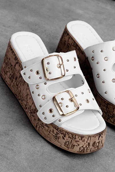 Lal Shoes & Bags Koen Women's Double Belted Buckle Detailed Cork Sole Wedge Heeled Slippers-White