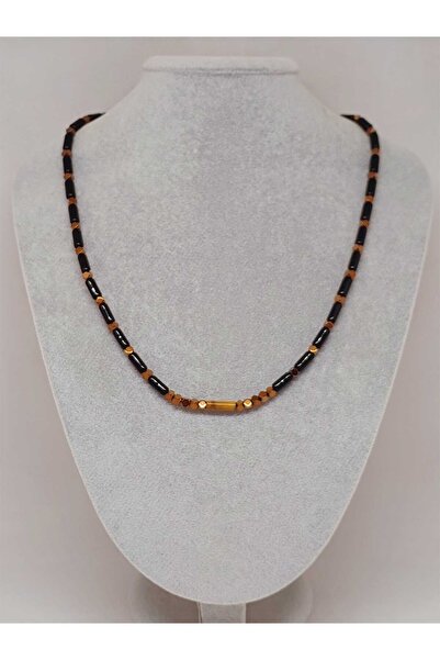 Yasamtohumu Colier unisex cu design cu piatră de ochi de tigru și piatră de onix (54432)