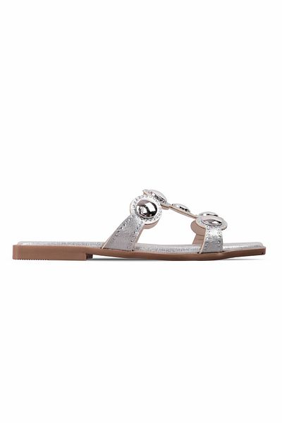 Lal Shoes & Bags Marone Women's Round Metal and Stone Detailed Banded Slippers-Grey