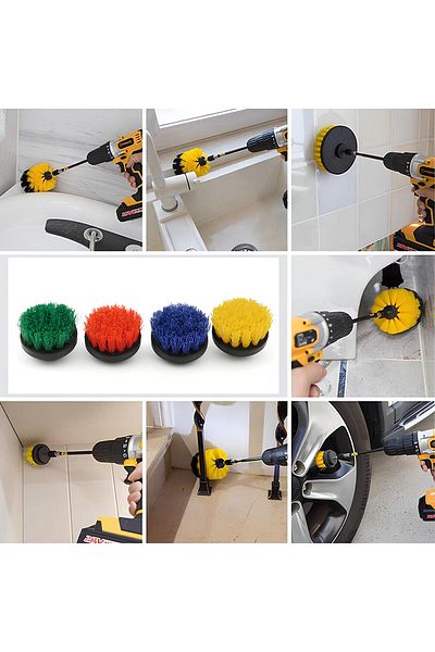 Badem10 4-Piece Bowl Type Colorful Drill Compatible Multi-Purpose Cleaning Brush Set for Vehicle, Bathroom, Joint, Rim, Tile