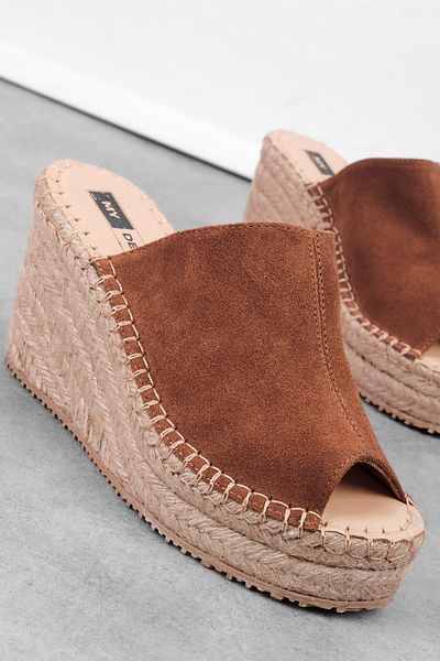 Lal Shoes & Bags Noise Women's Genuine Leather Open Front Nubuck Detailed Wedge Heeled Slippers-Tan