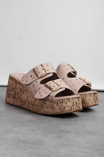 Lal Shoes & Bags Koen Women's Double Belted Buckle Detailed Cork Sole Wedge Heeled Slippers-Nude