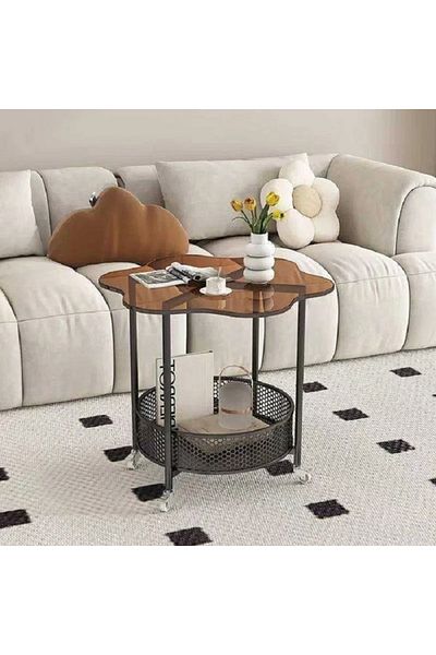 rexa Modern Smoked Glass Coffee Table with Mesh Storage & Wheels