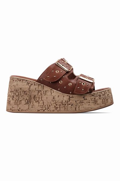 Lal Shoes & Bags Koen Women's Double Belted Buckle Detailed Cork Sole Wedge Heeled Slippers-Tan