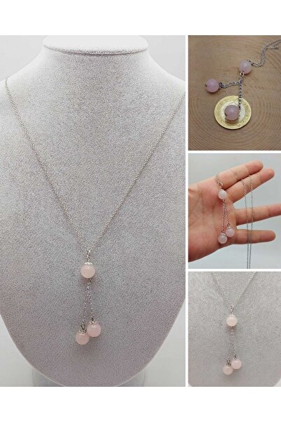 Yasamtohumu Pembe Kuvars Taşı Zincirli Kolye (8910)