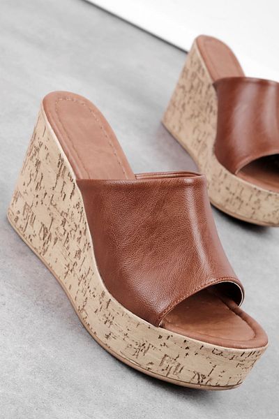 Lal Shoes & Bags Becca Women's Cork Sole Wedge Heeled Slippers-Tan