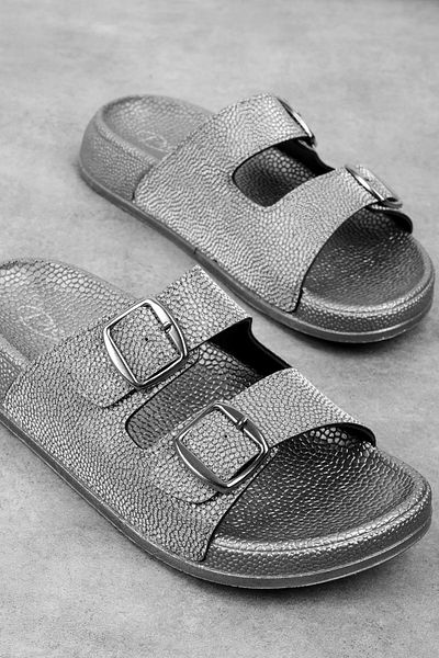 Lal Shoes & Bags Gold Women's Belt Buckle Detailed Glittery Slippers-Grey